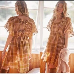 Anthropologie Gauzy Sheer plaid tie back mini dress size Large babydoll boho